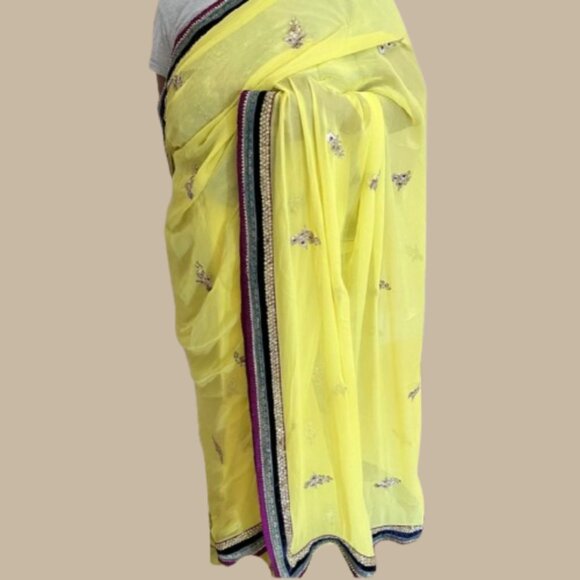Yellow Chiffon Saree Velvet Border Gold Embroidered Party Wear - Picture 1 of 15